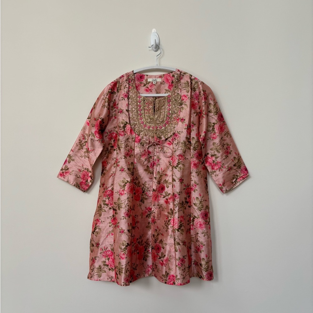 Floral Pink Silk Kurta with Palazzo Pants and Dupatta